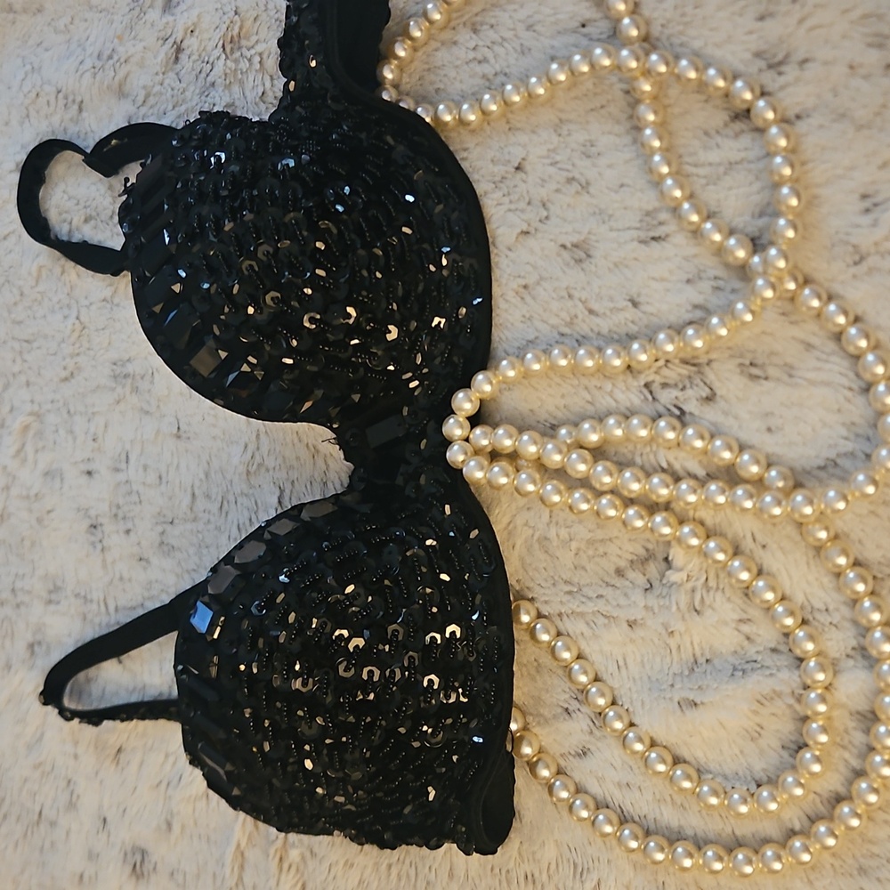 Say What? Black Sequin Bra with Pearl Embellishments